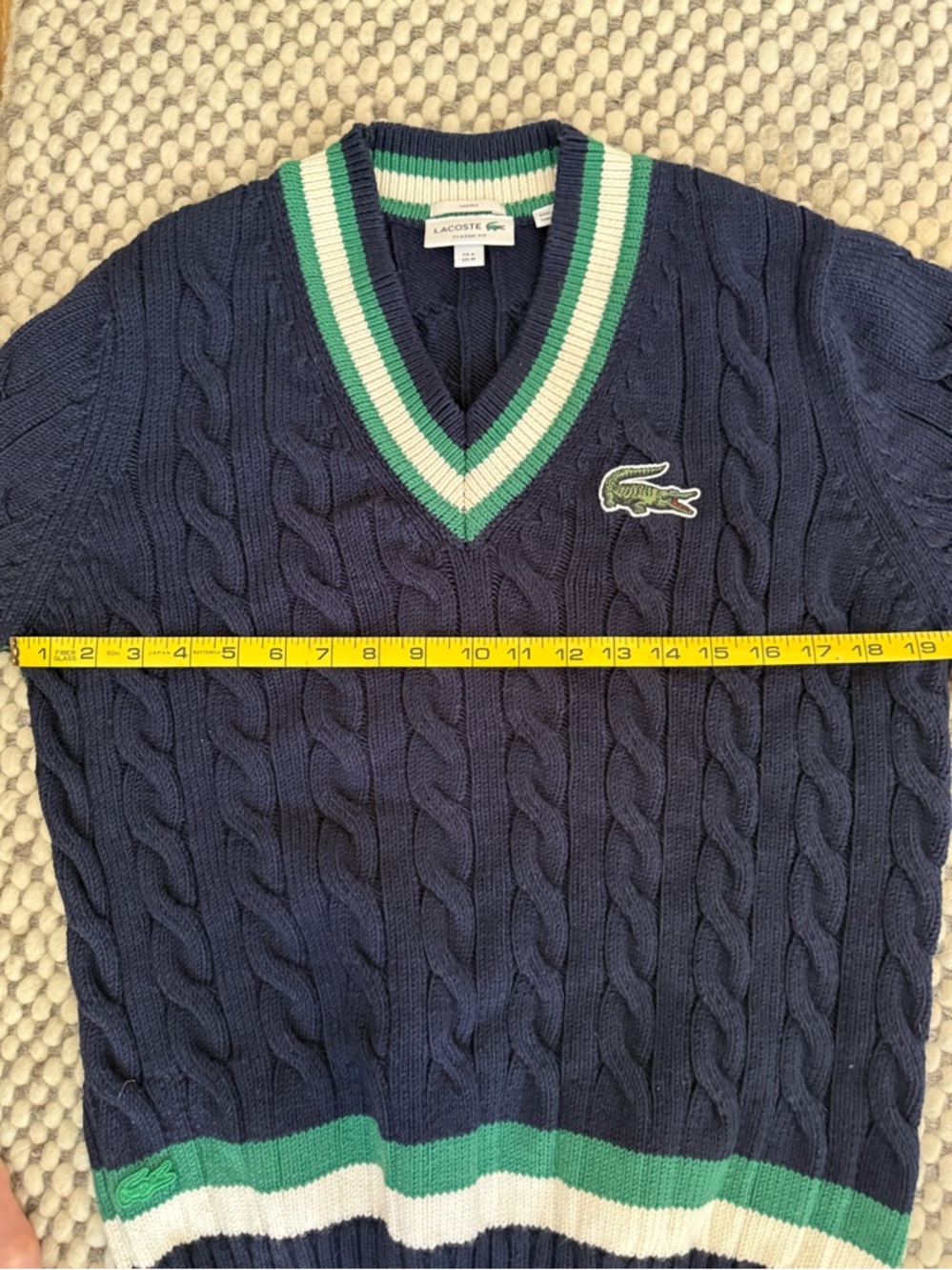 Lacoste Navy Cable-Knit V-Neck Sweater with Green and Cream Stripes - Picture 5 of 5